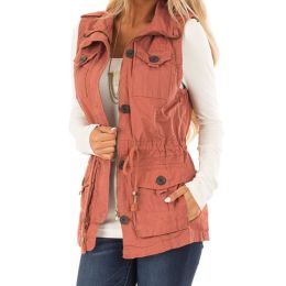 Solid Color Buttons Retro Drawstring Slim Fit Multi-pocket Women's Cardigan Vest (Option: Pink-S)