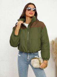 Women's Solid Color Round Neck Long Sleeve Zipper Slim Fit Pocket Cotton-padded Jacket (Option: Army Green-S)