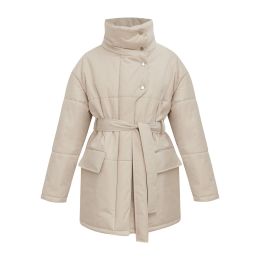 Stand-up Collar Cotton-padded Coat Coat Irregular Mid-length (Option: Beige-S)