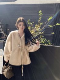 Women's Fur Lace Coat V-neck (Option: Apricot-Free Size)