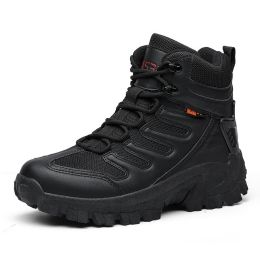 Large Size Combat Boots Men Desert Camping Non-slip Wear-resistant Sport High Top Footwear Outdoor Mountaineering Casual Shoes (Color: black, size: 41)