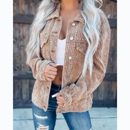 Women's Fashionable Corduroy Short Coat (Option: Khaki-S)