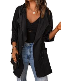 Solid Color Drawstring Hooded Long Sleeve Coat Simple Fold Collar Jacket (Option: Black-S)